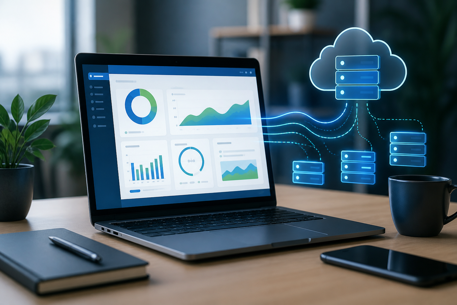 A website dashboard connected to cloud hosting infrastructure