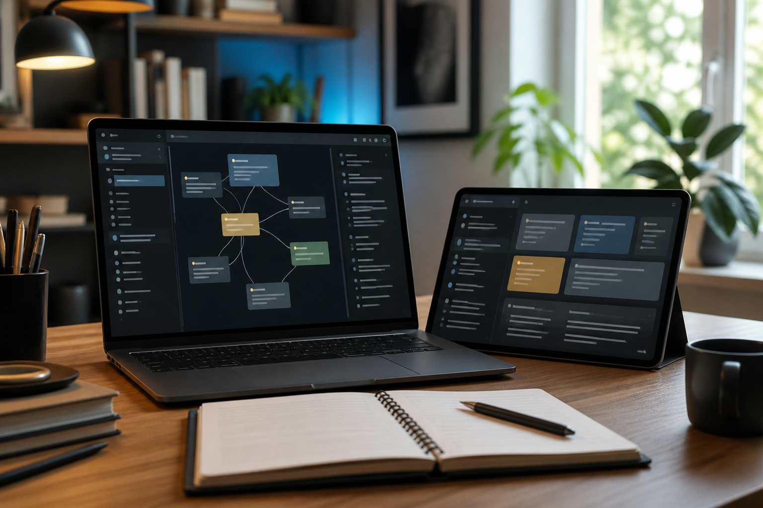 A workspace showing linked notes and knowledge graph concepts